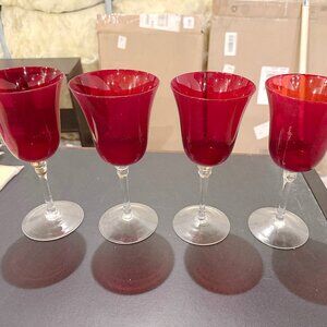 Four Vintage Ruby Red Glass Water/Wine Goblets with Clear Stems